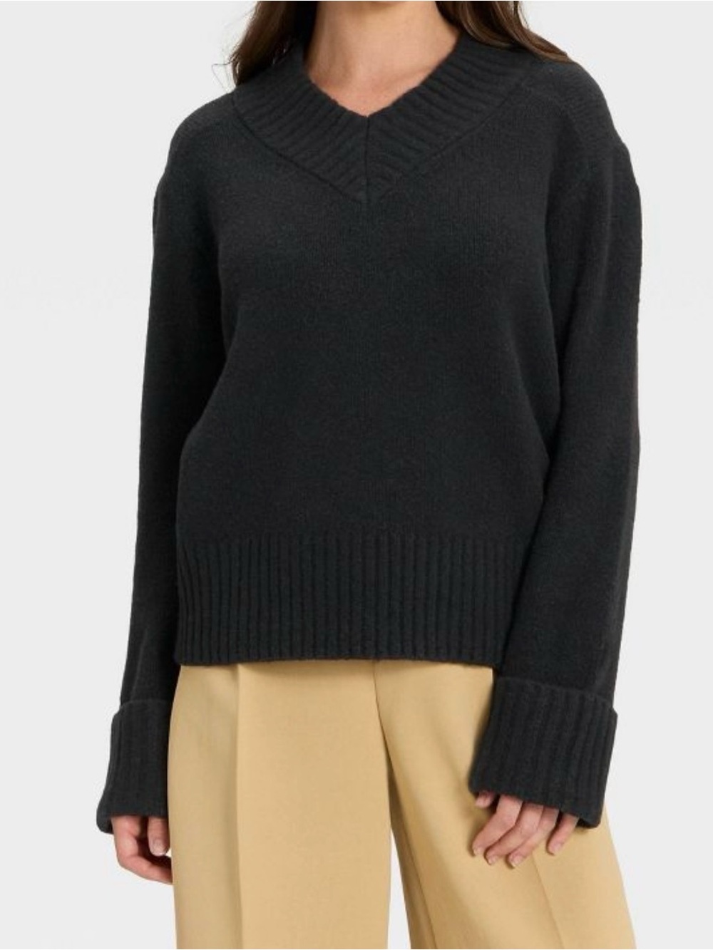 a new day Black V-Neck Ribbed Trim Sweater L